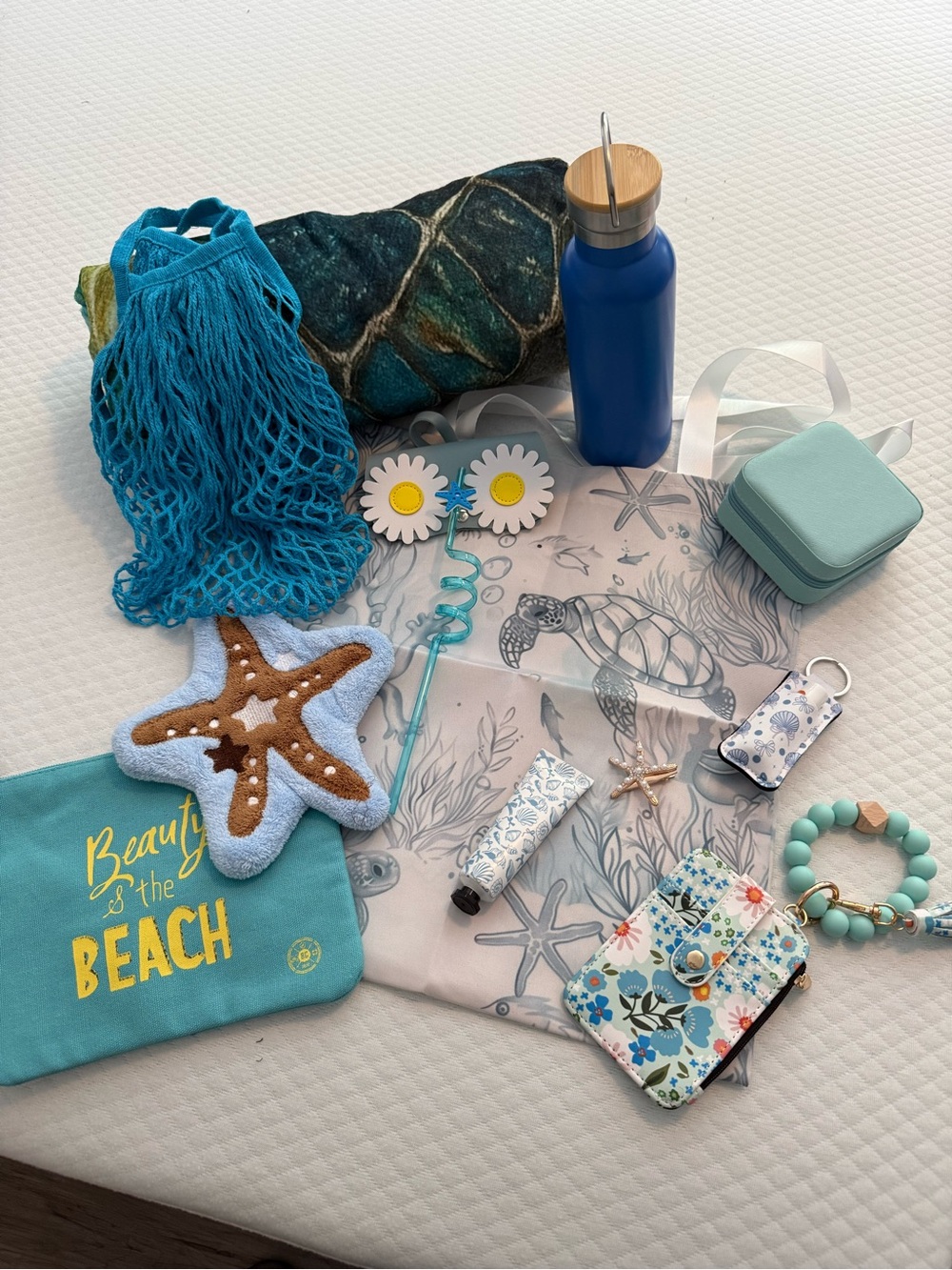 Beautiful blue bundle with sea turtle blanket.